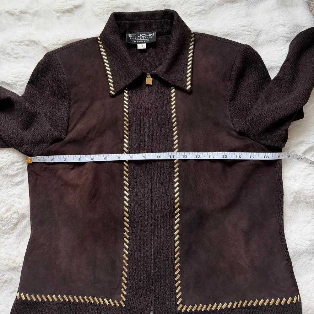 ✨St. John Collection Brown Suede Knit Jacket Gold Chain Trim Zipper Blazer - 10